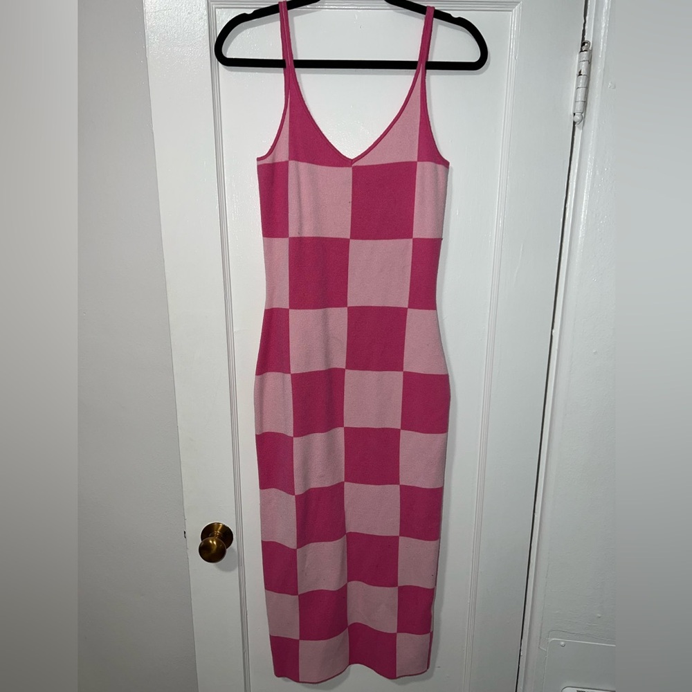 Pink Checkered Sweater Maxi Dress